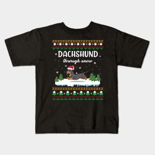 Dachshund Through Snow Funny Christmas Costume Kids T-Shirt